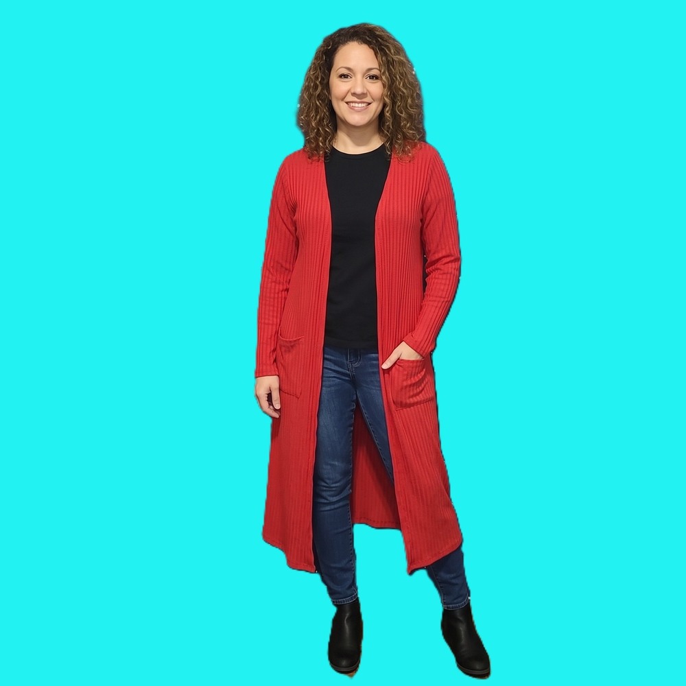 LuLaRoe Sarah Cardigan Womens Medium Red Ribbed Knit Longline Duster Pockets